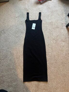 NWT Zara Black Square Neck Bodycon Midi Dress Size Small